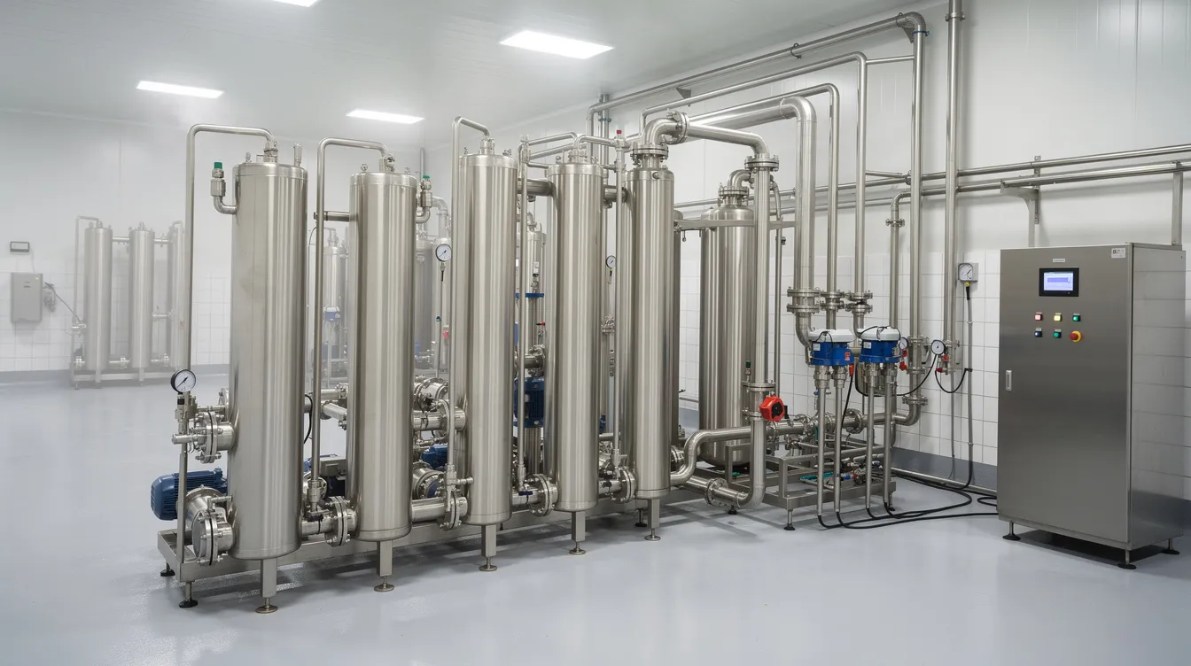 The image depicts industrial membrane filtration equipment with multiple stainless steel housings, arranged neatly in a clean dairy processing hall, showcasing the advanced technology used in whey protein production. This setup is essential for the efficient processing of liquid whey into high-quality whey protein isolate and concentrate, highlighting the importance of food safety and quality control in the whey protein manufacturing plant.