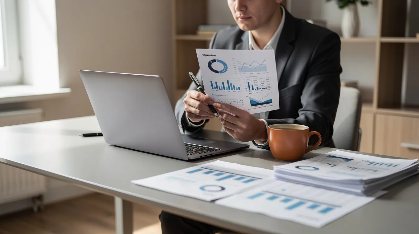 The image shows a person sitting at a desk, focused on a laptop while reviewing financial documents, with a cup of coffee nearby. The scene suggests a moment of assessing their financial situation, possibly related to a home equity line of credit or preparing for heloc payments.