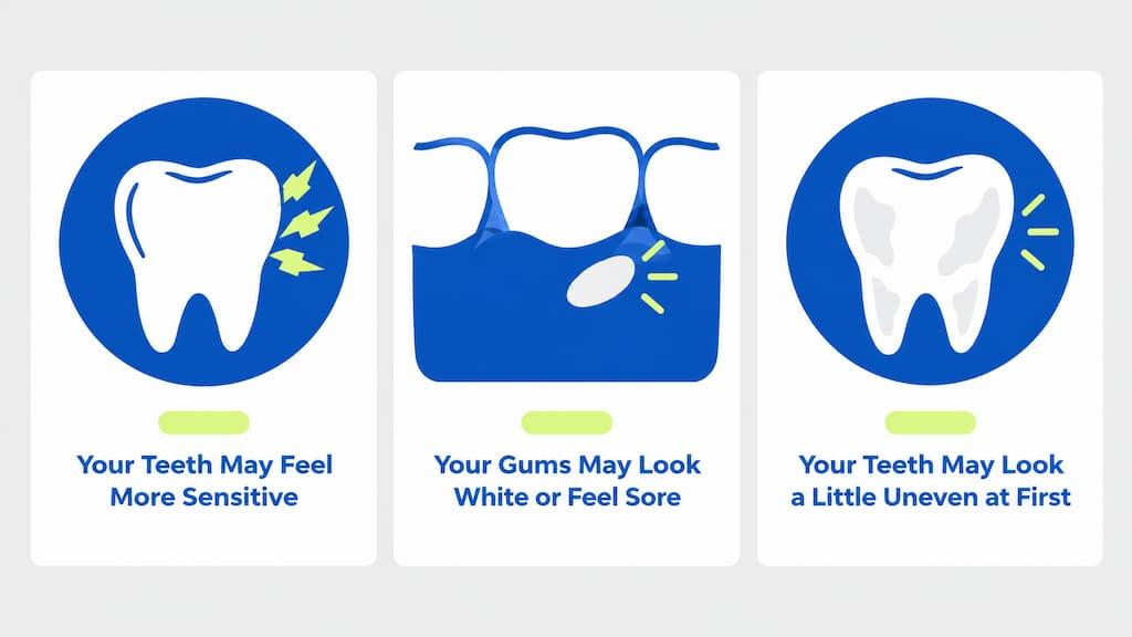 Three illustrated effects to watch for: teeth may feel more sensitive, gums may look white or feel sore, and teeth may look a little uneven at first