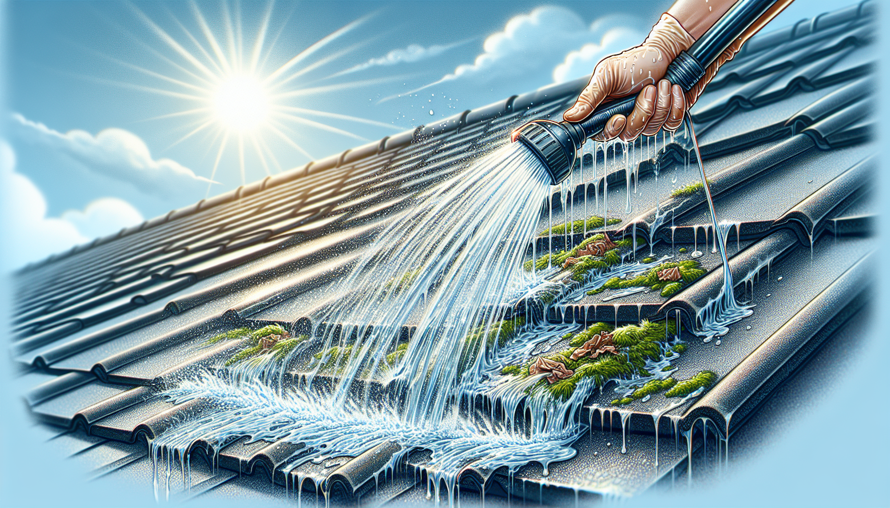 Illustration of rinsing the roof with water after moss removal