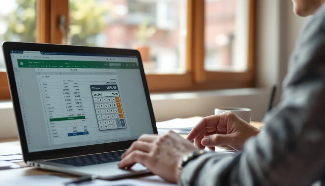 Een persoon zit achter een laptop en berekent de prijzen van kunststof kozijnen met een online calculator. Op het scherm zijn verschillende opties zichtbaar, zoals type kozijn en afmetingen, terwijl de gebruiker zich richt op het vinden van de exacte prijs voor nieuwe kozijnen.