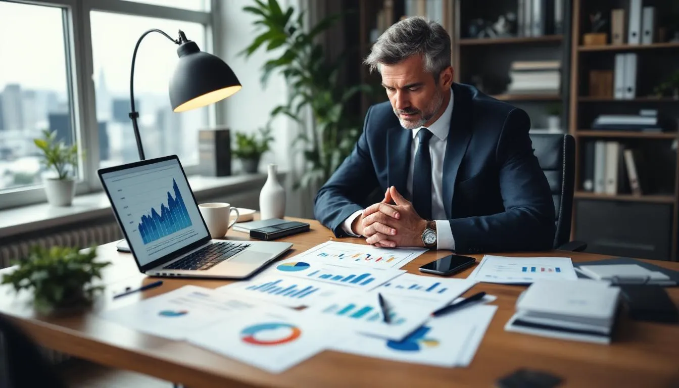 The image depicts a franchise owner intently reviewing business growth charts and financial reports, reflecting on the potential of their trauma scene cleaning franchise. This moment highlights the owner's dedication to understanding their lucrative business opportunity in biohazard cleanup services and crime scene cleanup.