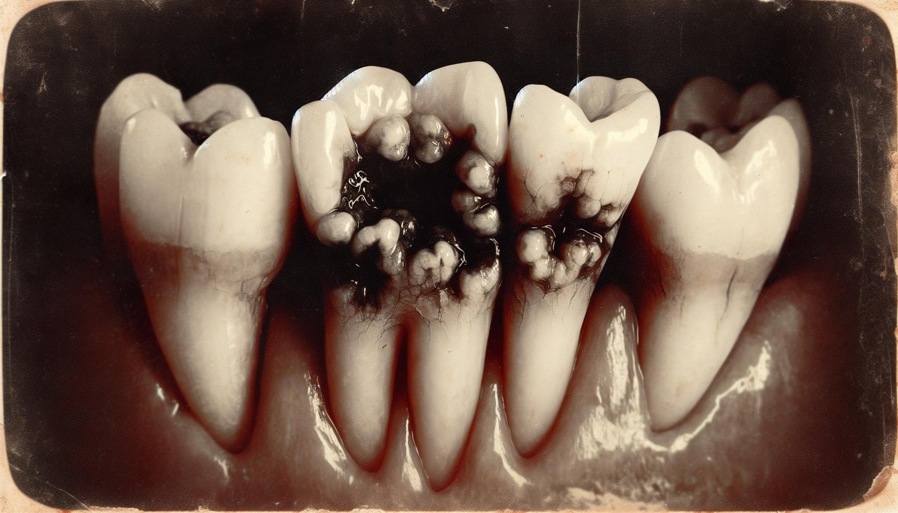 Nærbilde av tenner med omfattende karies og misfarging.