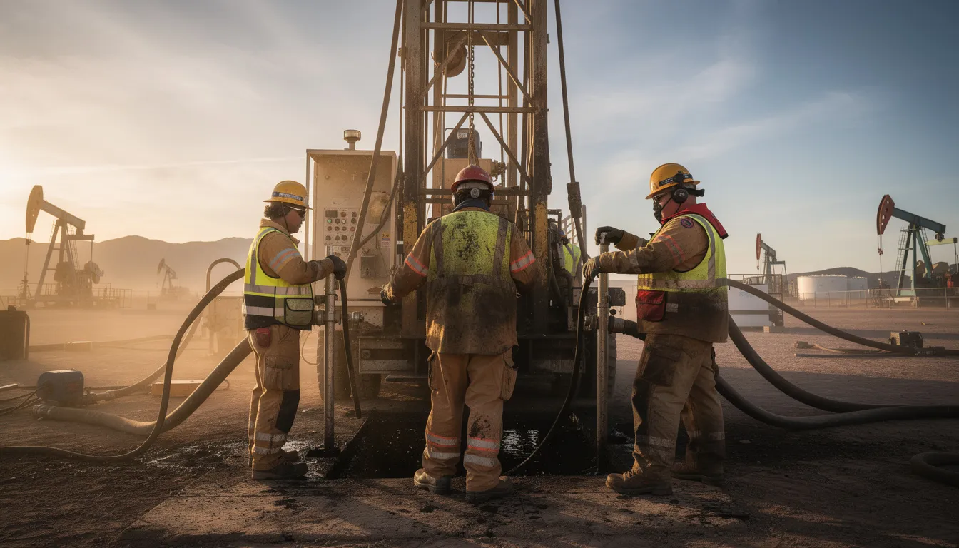 The image depicts oil field workers actively operating heavy drilling equipment, showcasing a dynamic workplace environment. These workers are engaged in a physically demanding job, highlighting the importance of workers compensation for those who may face workplace injuries or seek medical treatment for injuries sustained on the job.