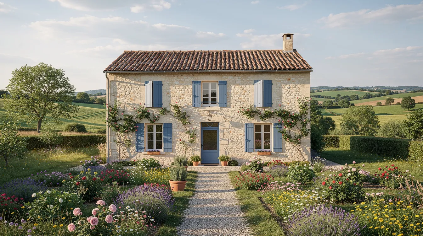 Une maison rurale française est entourée d'un jardin verdoyant et d'un paysage naturel. Ce cadre paisible pourrait être le lieu idéal pour envisager l'installation d'une micro station d'épuration afin de gérer l'assainissement non collectif des eaux usées.