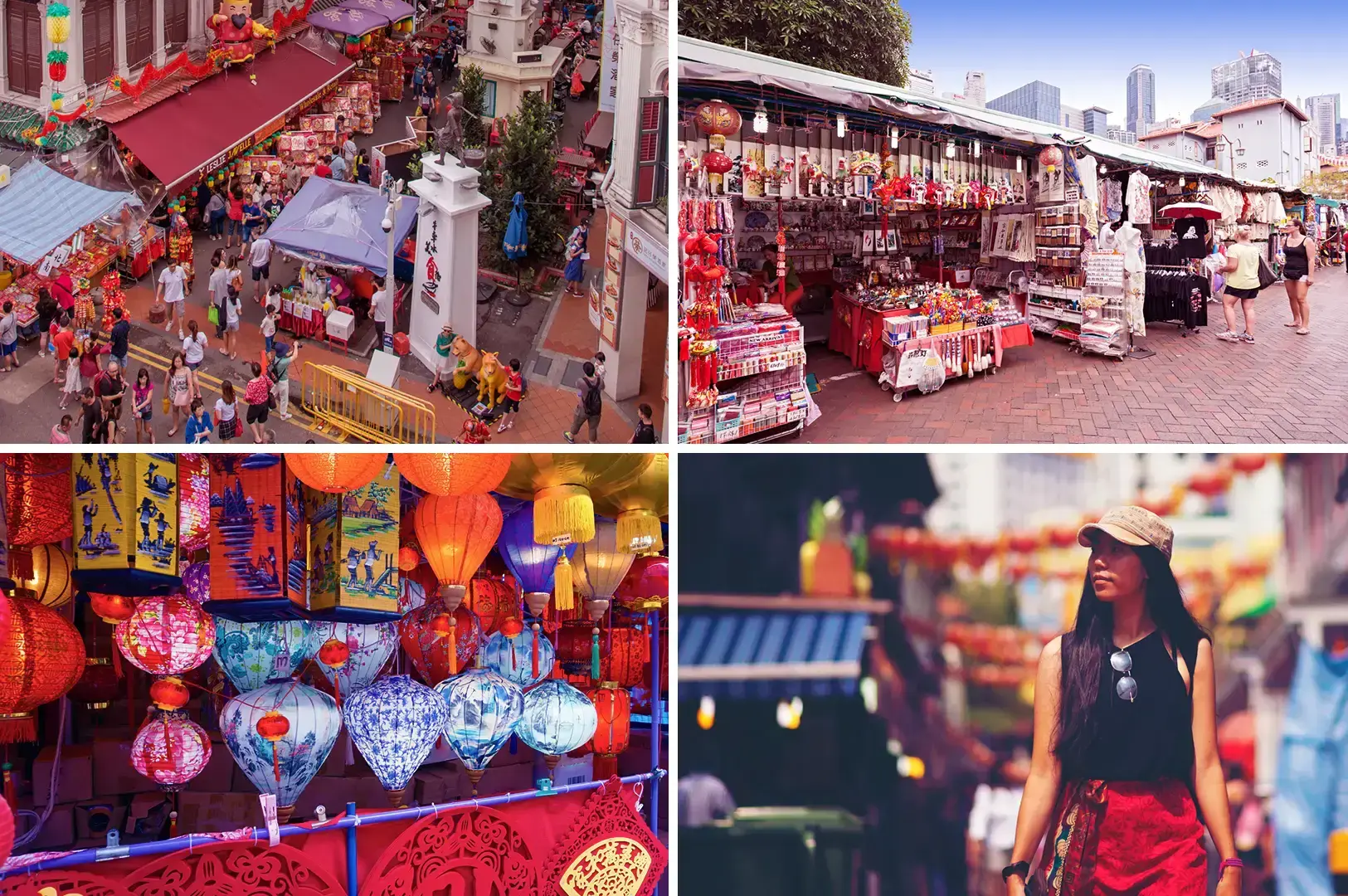 Four-panel collage of a Singapore market with crowded stalls, lanterns, and a woman browsing.