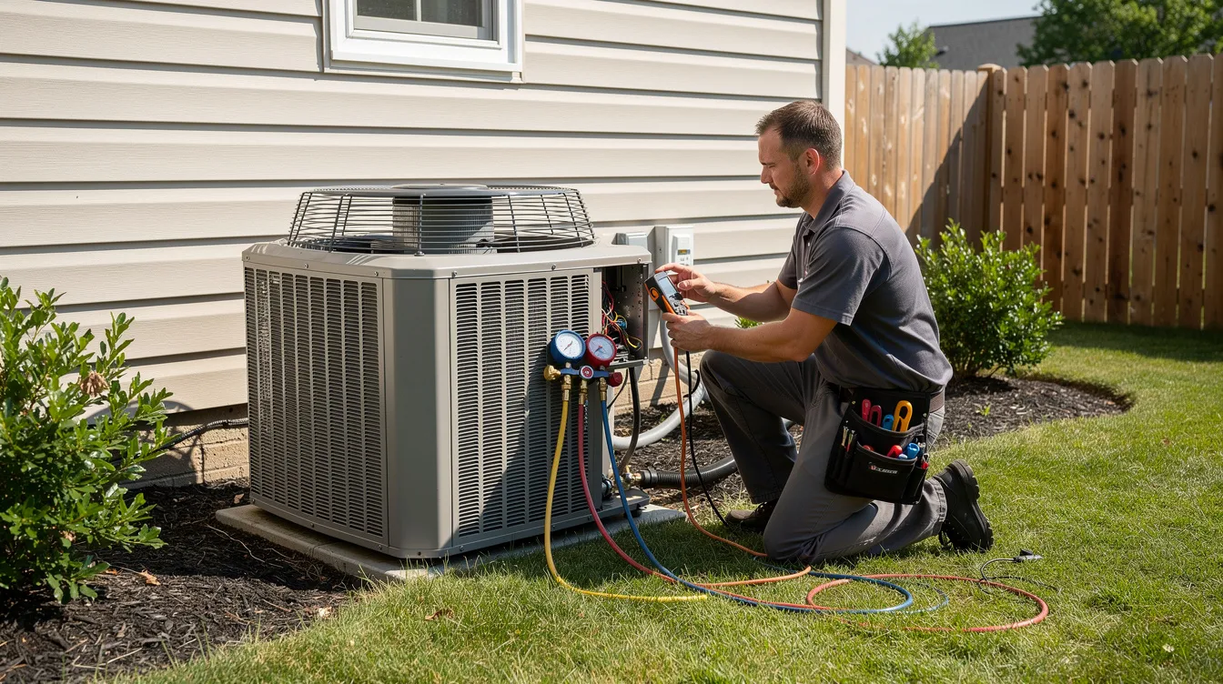 An HVAC technician is working on an outdoor residential air conditioning unit, inspecting the electrical components and preparing for possible AC capacitor replacement. The technician is focused on ensuring the AC system operates efficiently, potentially addressing issues like a failing capacitor or other critical parts of the outdoor condenser unit.