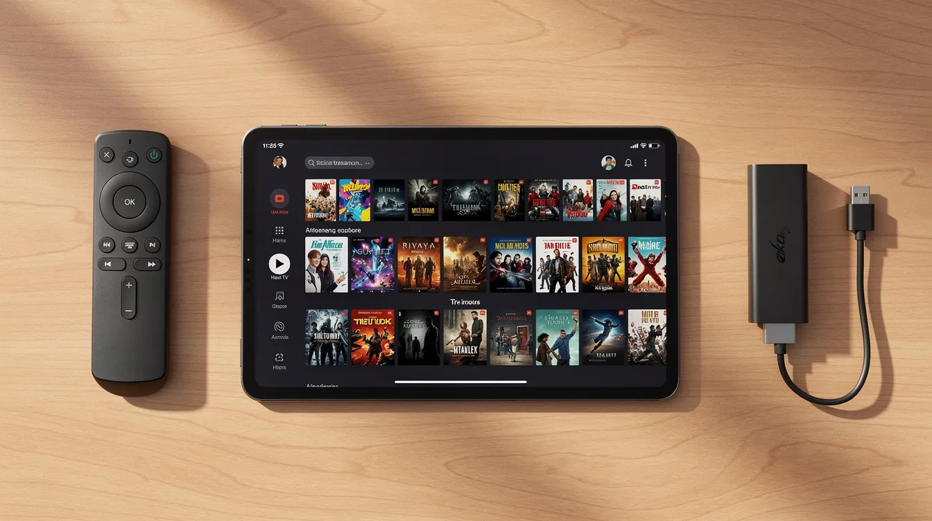 The image depicts a variety of streaming devices, including a tablet, a smart TV remote, and a streaming stick, all neatly arranged on a wooden desk. This setup highlights the convenience and compatibility of modern IPTV services for accessing live TV channels and on-demand content across multiple devices.