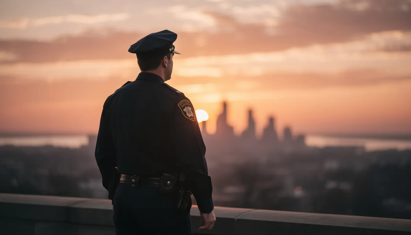 A police officer in uniform stands pensively, gazing at a vibrant sunset, reflecting on their years of service and the potential for retirement benefits under the federal employees retirement system. The scene captures a moment of contemplation about the future and the retirement plan that awaits after fulfilling the age and service requirements.