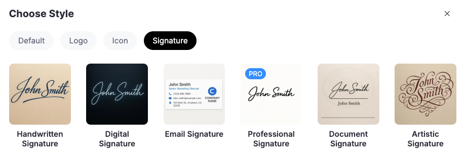 Choose Style" interface from a signature generator tool. The "Signature" tab is selected, displaying six style options: Handwritten Signature, Digital Signature, Email Signature, Professional Signature (marked with a PRO label), Document Signature, and Artistic Signature.