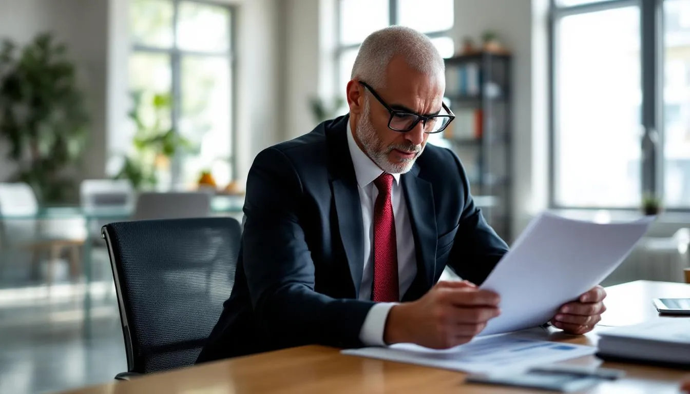 A business owner is seated at a desk, intently reviewing financial documents and valuation reports, which may include a business valuation calculator to assess the worth of their business. The scene highlights the importance of understanding business assets, annual profits, and market trends for attracting potential investors.