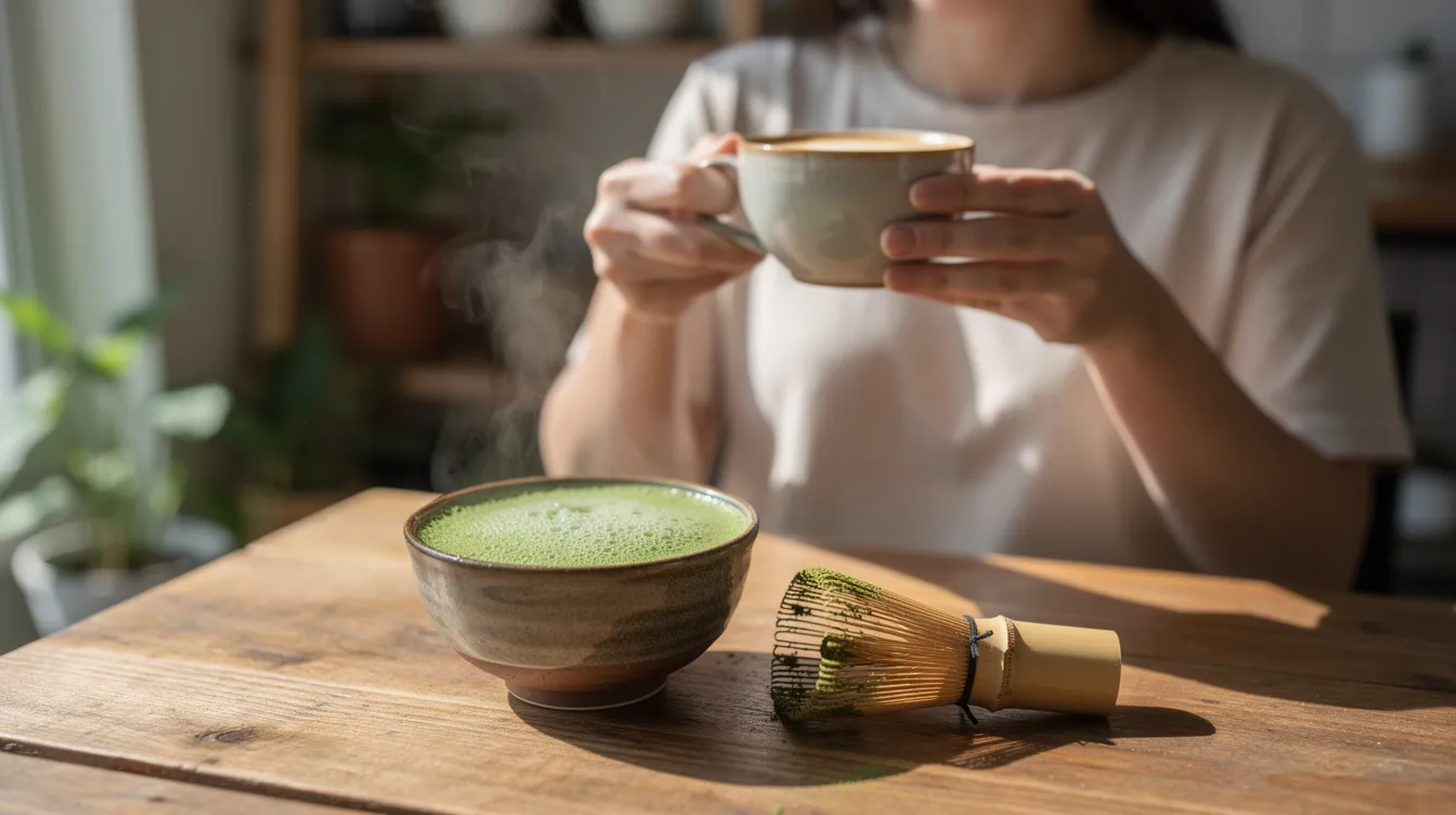 Ein Mensch sitzt an einem kleinen Café-Tisch und genießt eine Tasse Kaffee in einer Keramiktasse, während vor ihm eine Schale mit traditionellem Matcha und einem Bambusbesen (Chasen) steht. Das sanfte Licht, das durch das Fenster strömt, lässt die Szene lebendig wirken und hebt die Texturen von Keramik und Holz hervor, während der Duft von Kaffee und Matcha in der Luft liegt.
