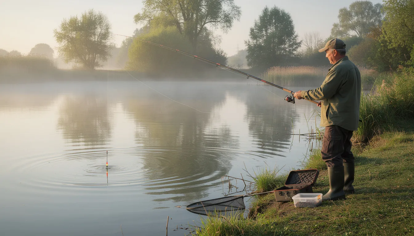 Na zdjęciu widoczny jest wędkarz, który łowi ryby metodą spławikową nad spokojnym stawem. W tle można dostrzec zieleń otaczających drzew oraz odbicie wody, co tworzy malowniczy krajobraz sprzyjający wędkarstwu.