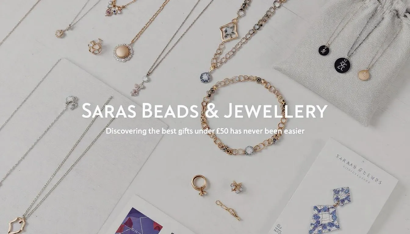 The image showcases a beautifully arranged selection of sparkling jewellery and luxury gifts under £50, including necklaces and accessories, perfect for celebrating special occasions. This curated collection offers thoughtful and affordable options that are ideal for treating a loved one or finding the perfect birthday gift.