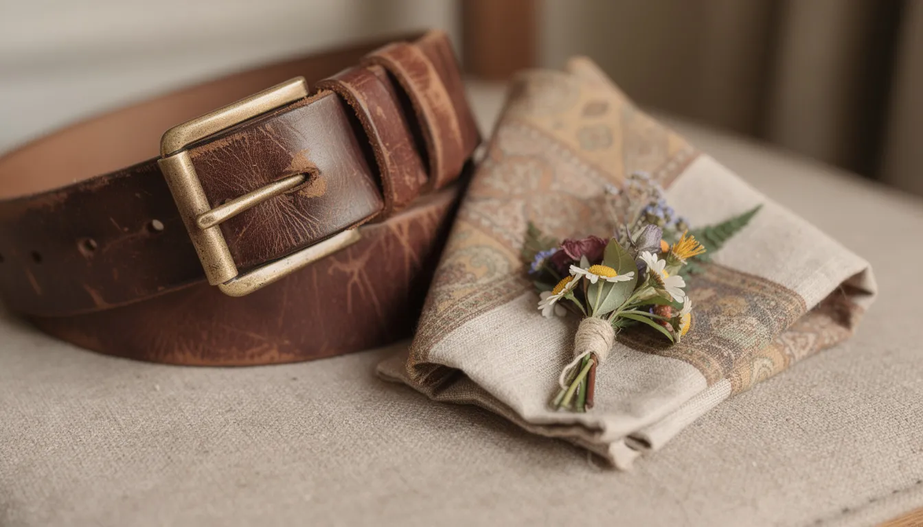 Garnitury boho – przewodnik na ślub i wesele 2026 14 Zbliżenie na detale stylizacji boho, w tym skórzany pasek, elegancka poszetka oraz boutonniere, które razem tworzą wyjątkowy charakter garnituru w stylu boho, idealnie nadającego się na wesele. Kolory karmelowe i naturalne tkaniny podkreślają lekkość oraz swobodę tego stylu.