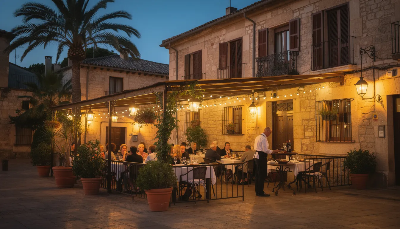 Na obrazie widać przytulną restaurację z tarasem w hiszpańskim mieście, oświetloną ciepłym światłem wieczornym. Goście rozmawiają i cieszą się posiłkiem, a w powietrzu unosi się atmosfera radości i przyjaźni, idealna na wieczorną interakcję z przyjaciółmi.