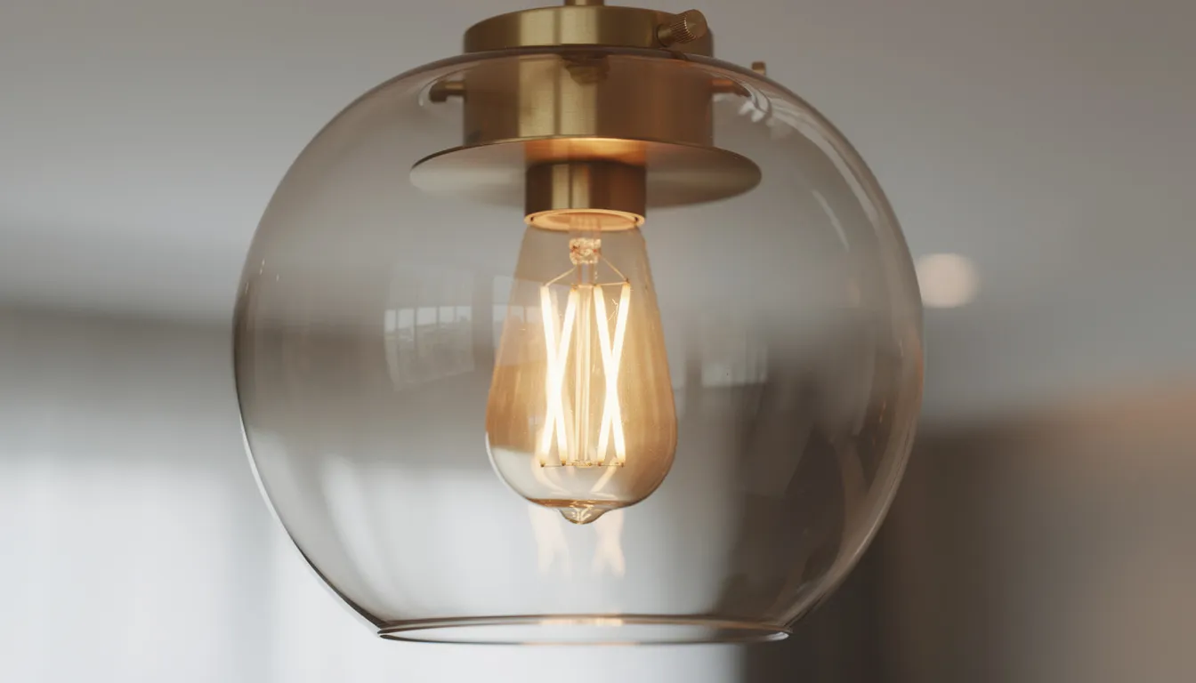 En närbild av en elegant pendellampa i mässing och glas, med en synlig LED-filamentlampa som ger ett varmt och riktat ljus. Lampan hänger ned från taket och bidrar till en modern och stilren atmosfär i rummet, perfekt ovanför matbordet.