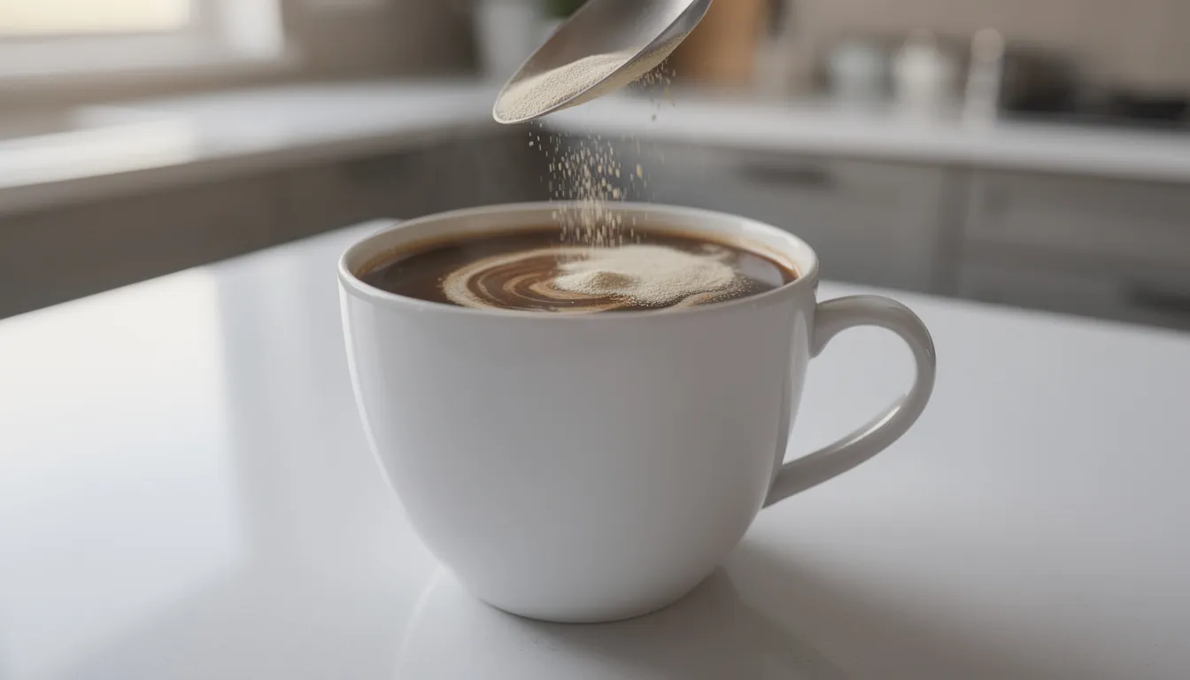 A close-up image shows a mug of hot coffee on a kitchen counter, with creatine powder being stirred in, illustrating the process of mixing creatine with coffee for potential performance benefits. This combination may enhance both mental and physical performance, making it a popular choice among fitness enthusiasts.