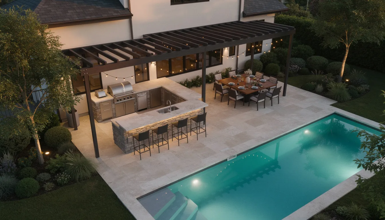 An aerial view showcases a stunning outdoor living space featuring a beautifully integrated outdoor kitchen and swimming pool, surrounded by natural stone decking and a covered dining area. This functional outdoor living area is perfect for entertaining guests, complete with comfortable outdoor furniture and a cozy fire pit, creating an inviting atmosphere for evening gatherings.