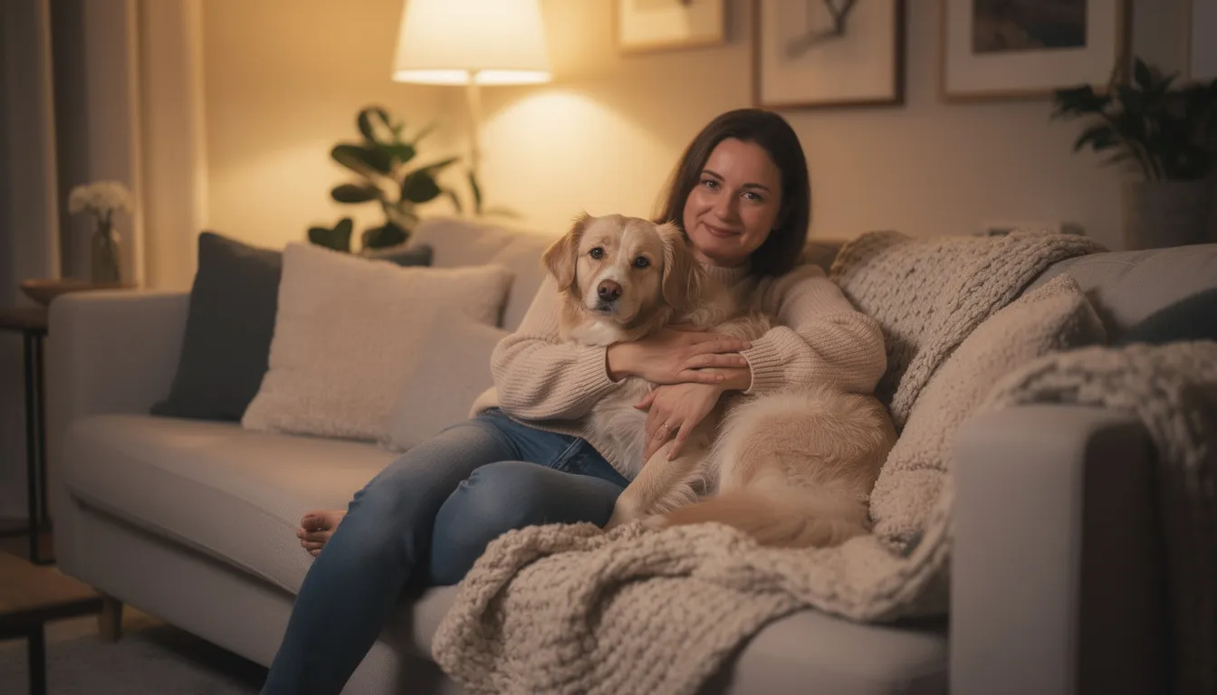 A pet parent and their dog are comfortably seated together on a cozy couch, surrounded by soft lighting that creates a warm atmosphere. The scene captures a moment of companionship, reflecting the importance of monitoring the dog's body condition score for maintaining a healthy weight and overall pet health.
