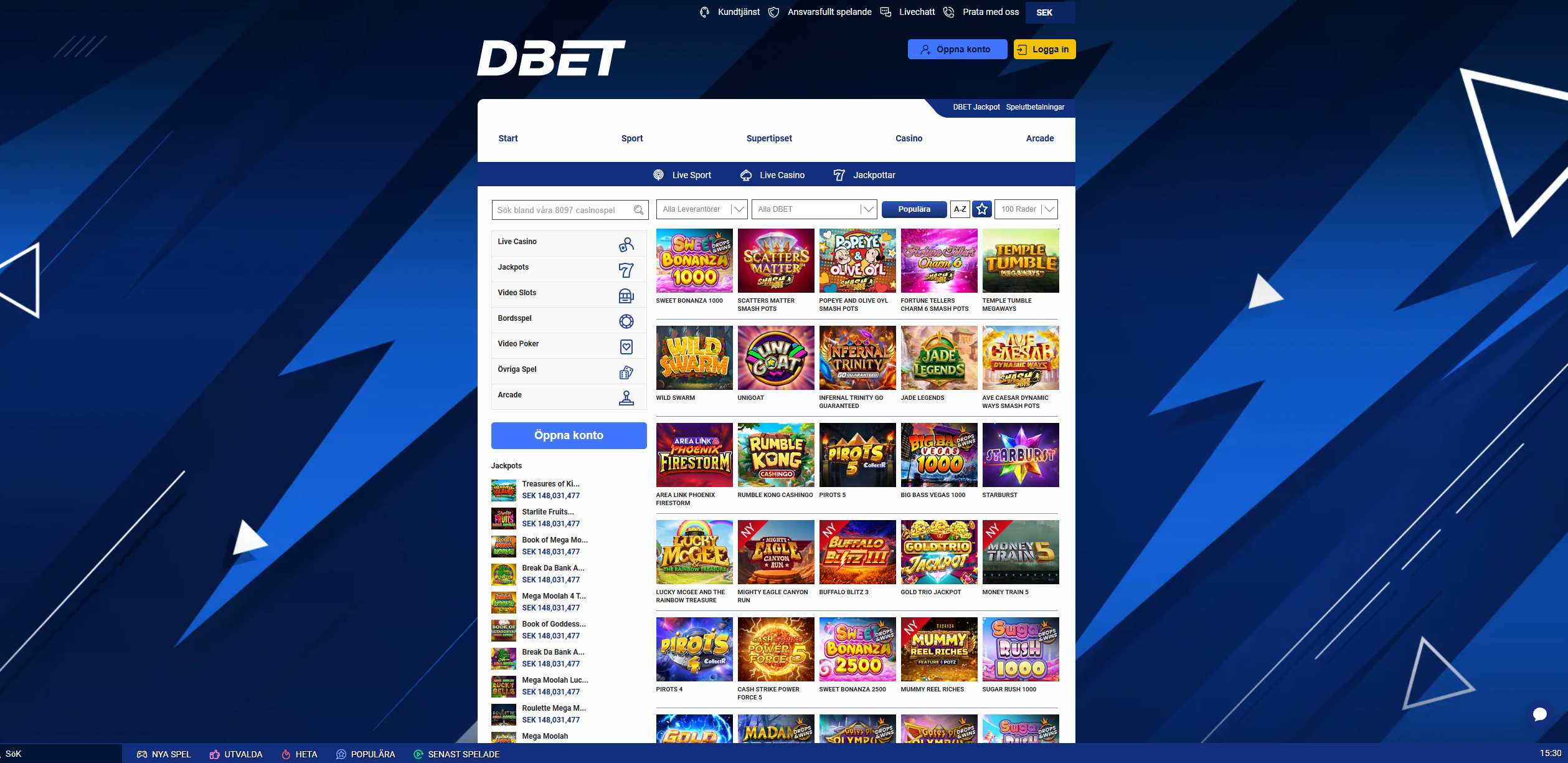 Spelutbudet hos DBET Casino med slots, jackpottar och filtrering efter leverantör och kategori.