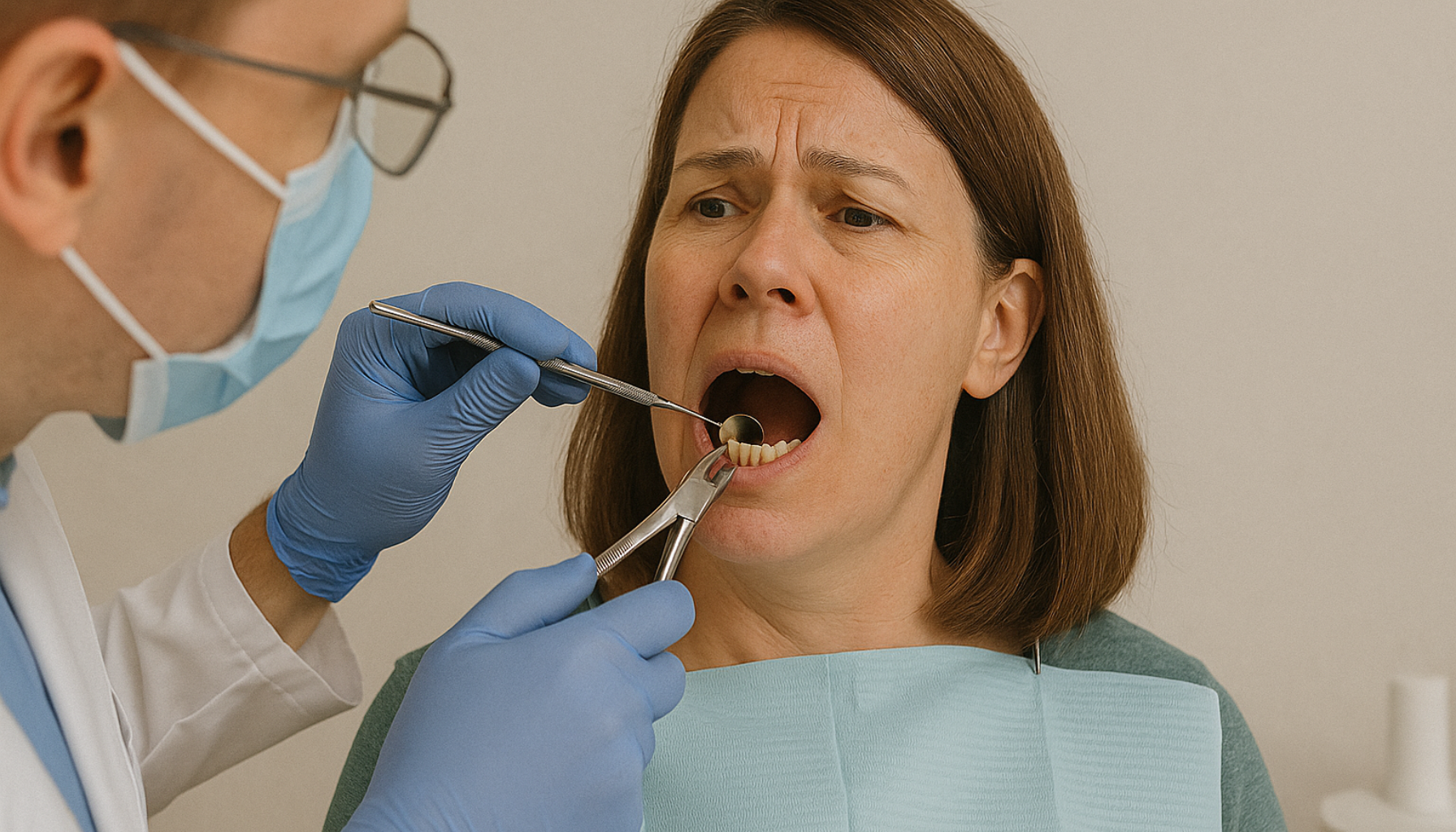 Trekke Visdomstann Pris: Hva Koster Det – Og Hva Inngår? 14 Kvinne hos tannlegen får undersøkt visdomstann med tang og speil, viser tegn til ubehag under undersøkelsen.