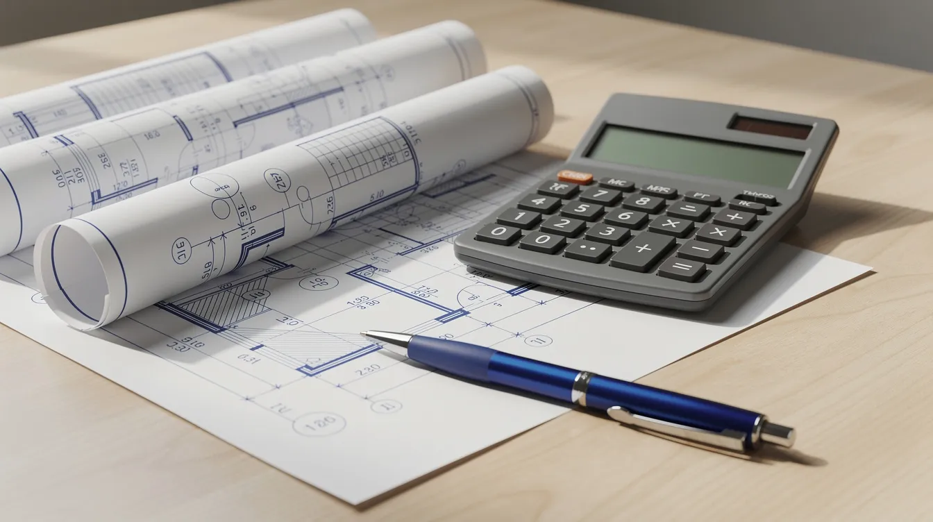 The image features a calculator, blueprints, and a ballpoint pen neatly placed on a light wooden desk, symbolizing the planning and financial calculations essential for real estate investors starting their house flipping business. This arrangement reflects the meticulous preparation involved in navigating the house flipping process and managing renovation costs.