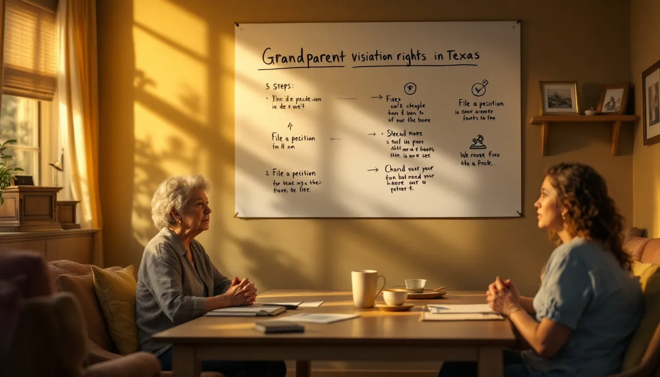 A step-by-step guide visual for the legal process regarding grandparent visitation rights in Texas.
