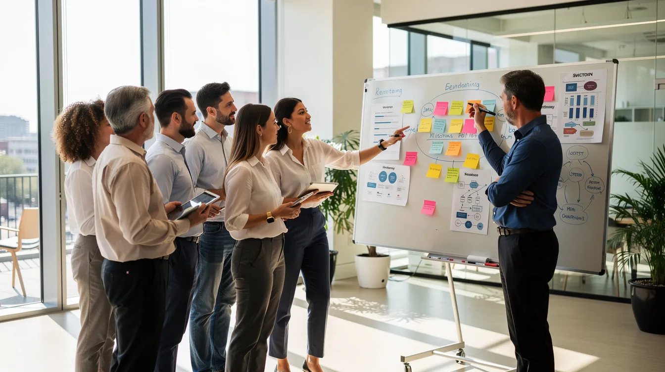 The image depicts a diverse group of professionals engaged in a collaborative effort at a whiteboard filled with sticky notes in a bright office setting, emphasizing teamwork in enhancing the organization's cybersecurity defenses. This scene illustrates the importance of integrating offensive and defensive teams, like red and blue teams, to identify security gaps and improve detection and response capabilities.