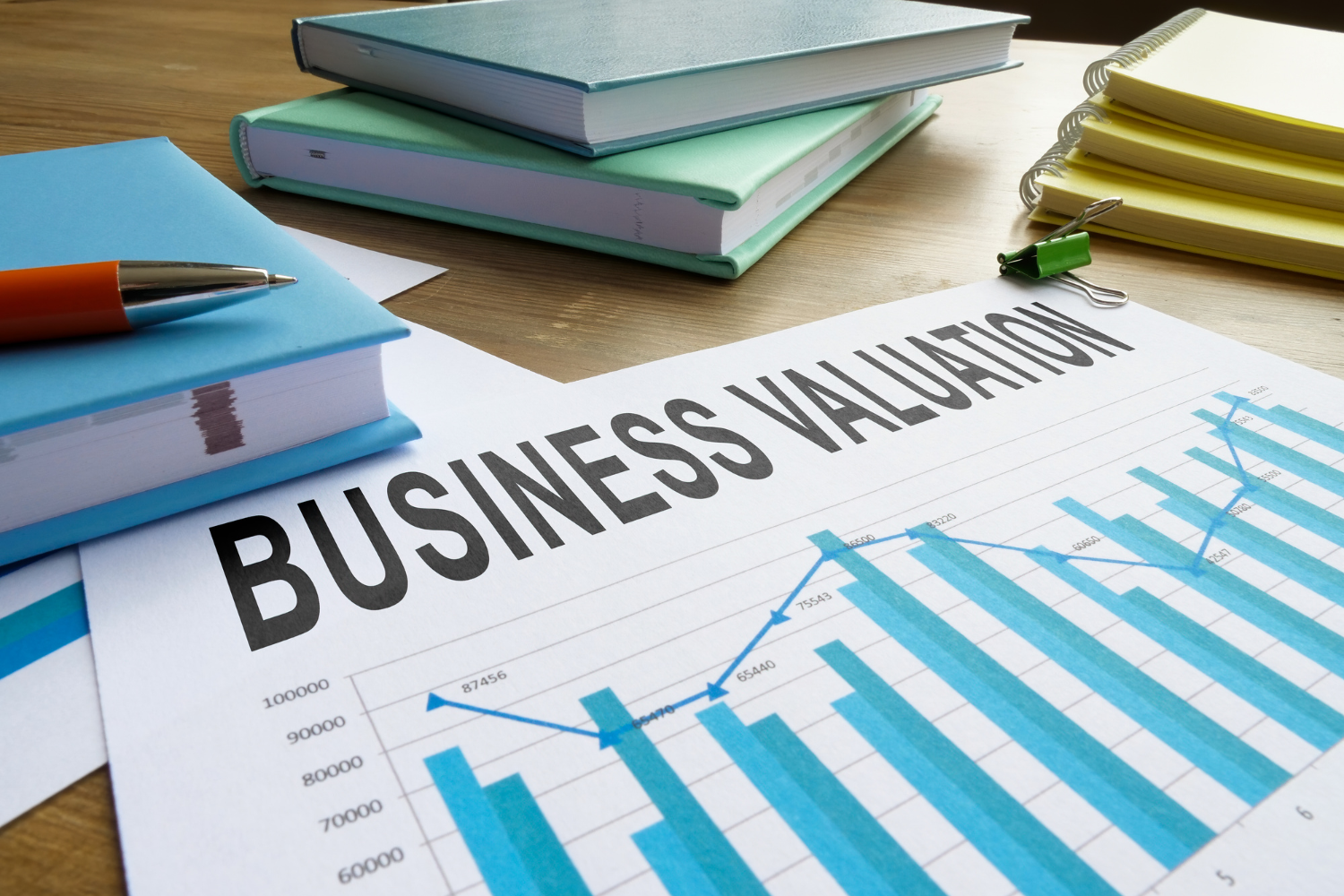Tidy office desk with printed business valuation report.
