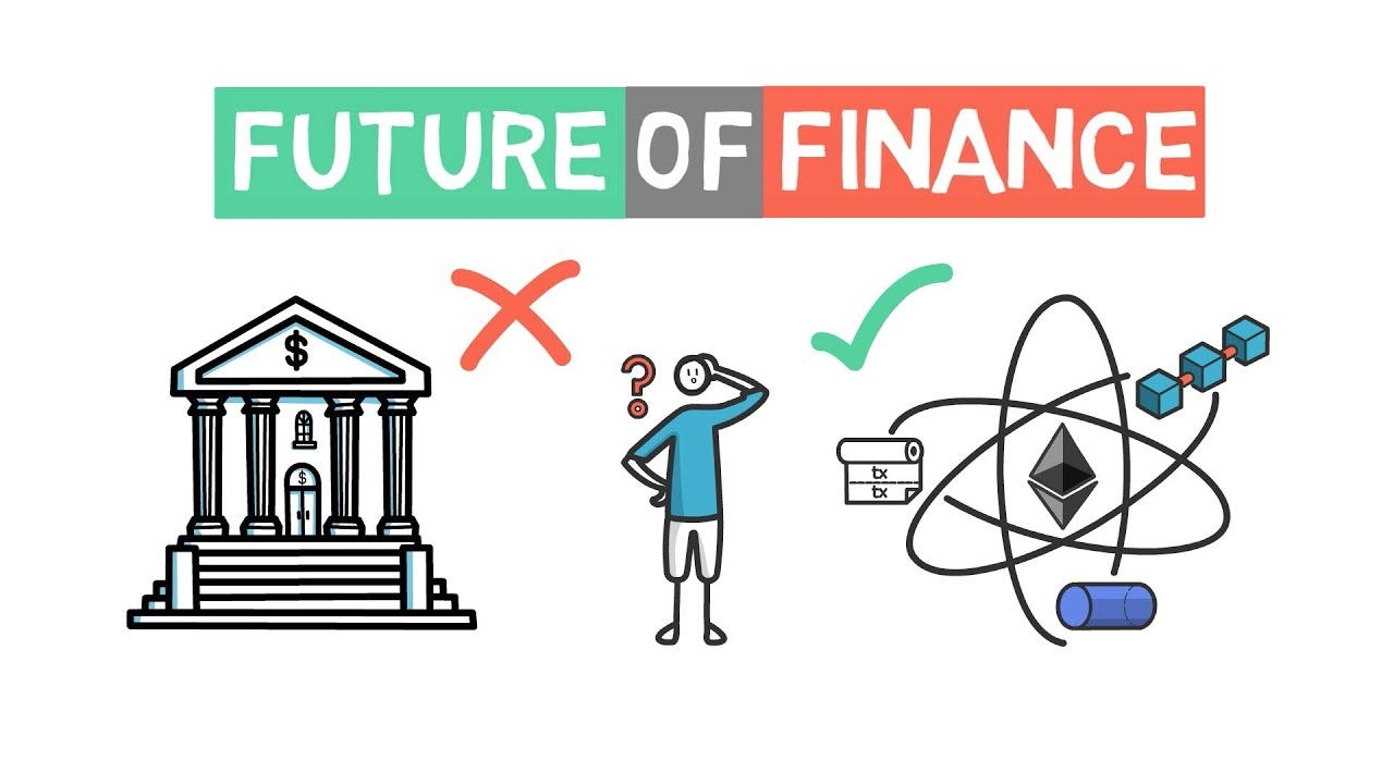 Illustration of traditional banking processes transitioning to blockchain technology