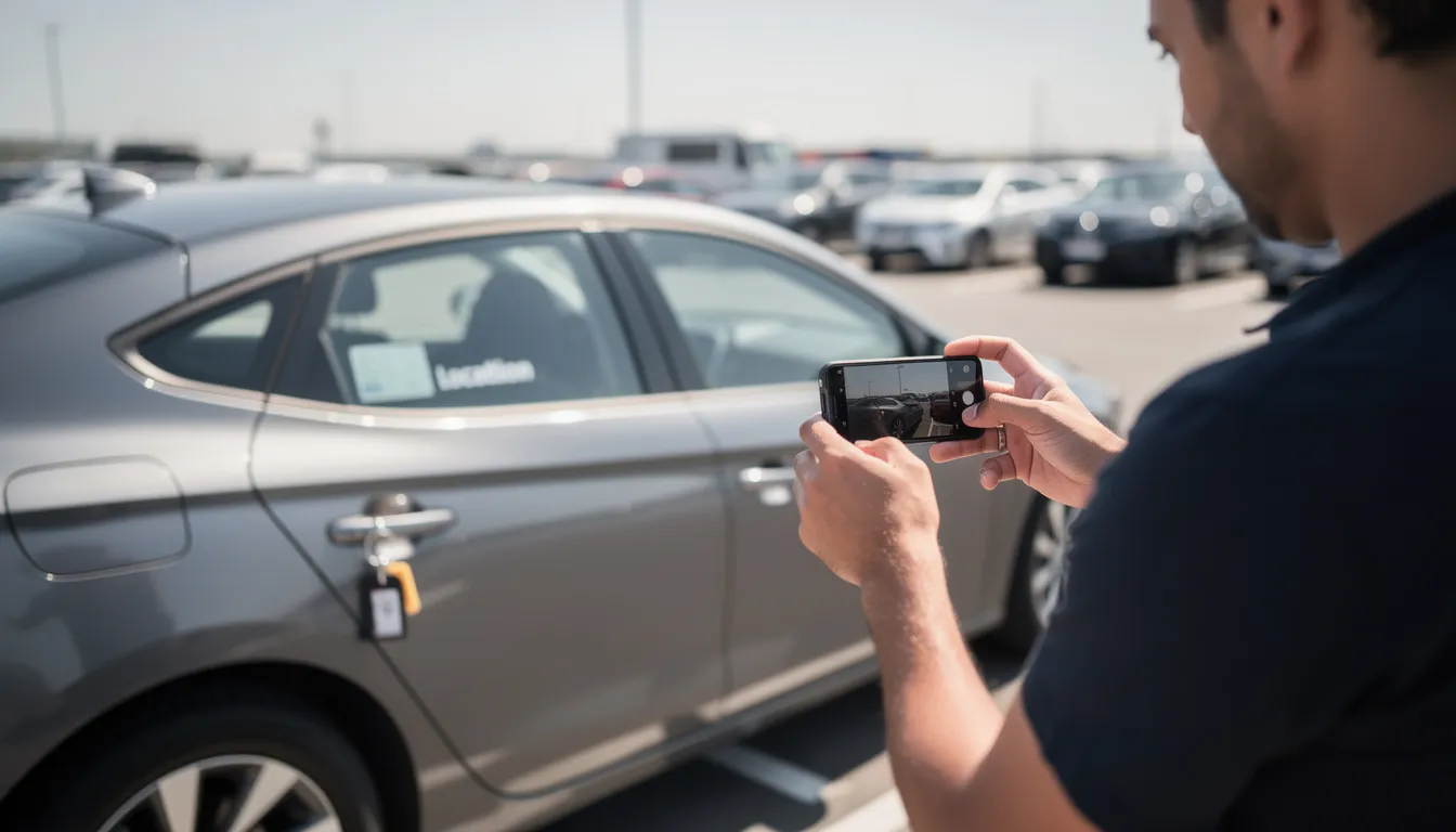 Une personne prend en photo l'extérieur d'une voiture de location, probablement un Renault Master, avec son smartphone. L'image illustre le processus de vérification et de sécurité avant la restitution du véhicule à l'agence de location Carrefour.
