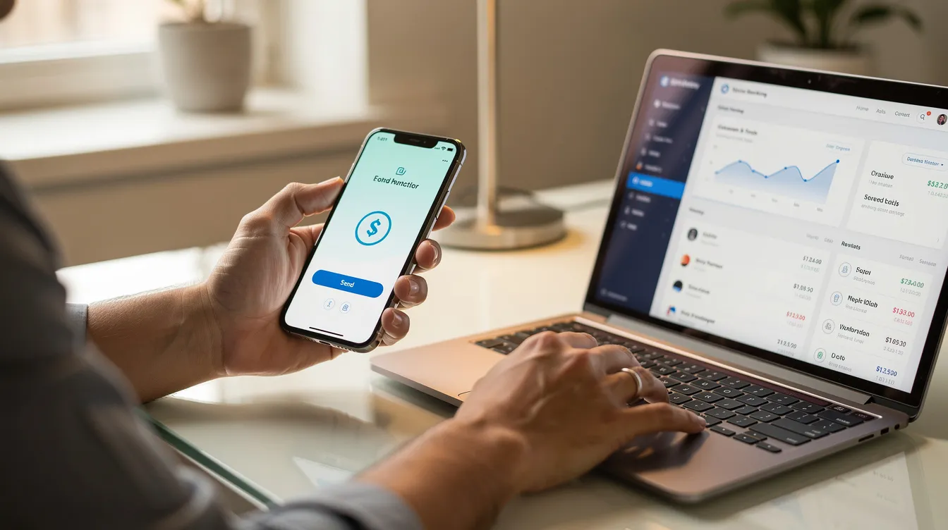 A person is using a smartphone app to send money, with a laptop open beside them, showcasing the convenience of modern financial services. This scene reflects the growing trend of digital banking, including options like the Ratnakar Bank RBL international money transfer.