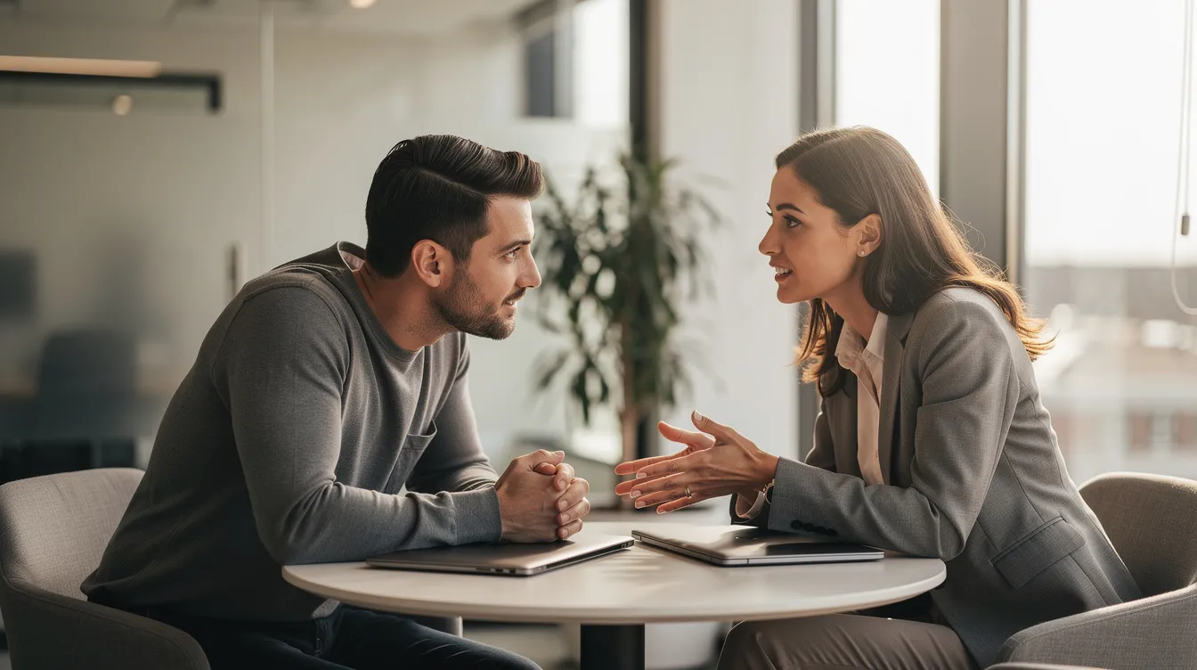 The image depicts two colleagues engaged in a compassionate face-to-face conversation within an office setting, highlighting the importance of human insight and emotional intelligence in the workplace. This interaction reflects the value of relationship building and effective communication among HR professionals as they navigate the complexities of talent acquisition and employee engagement.