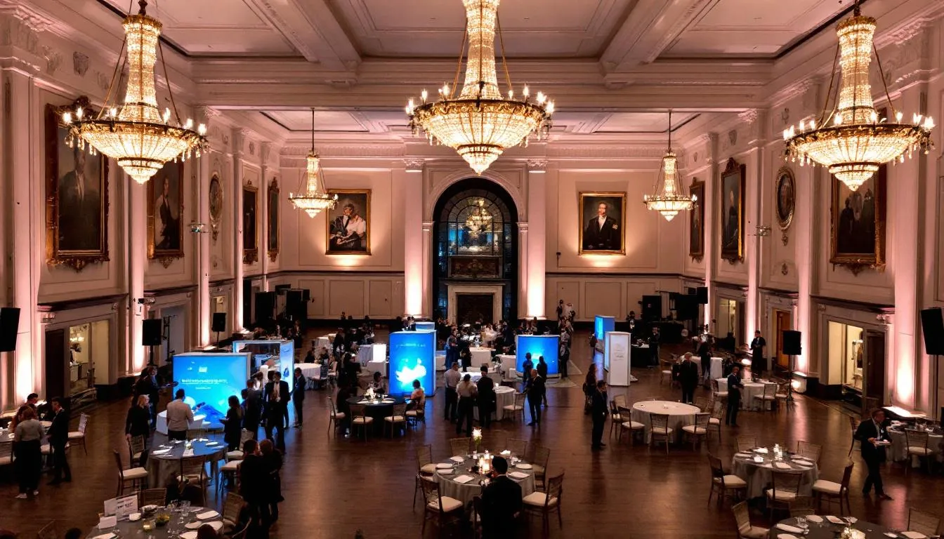 El espacio de evento está elegantemente decorado, con áreas diseñadas para networking y exhibición, donde los invitados pueden interactuar y conocer más sobre el negocio durante su inauguración. La atmósfera es sofisticada, ideal para un evento de inauguración exitoso.