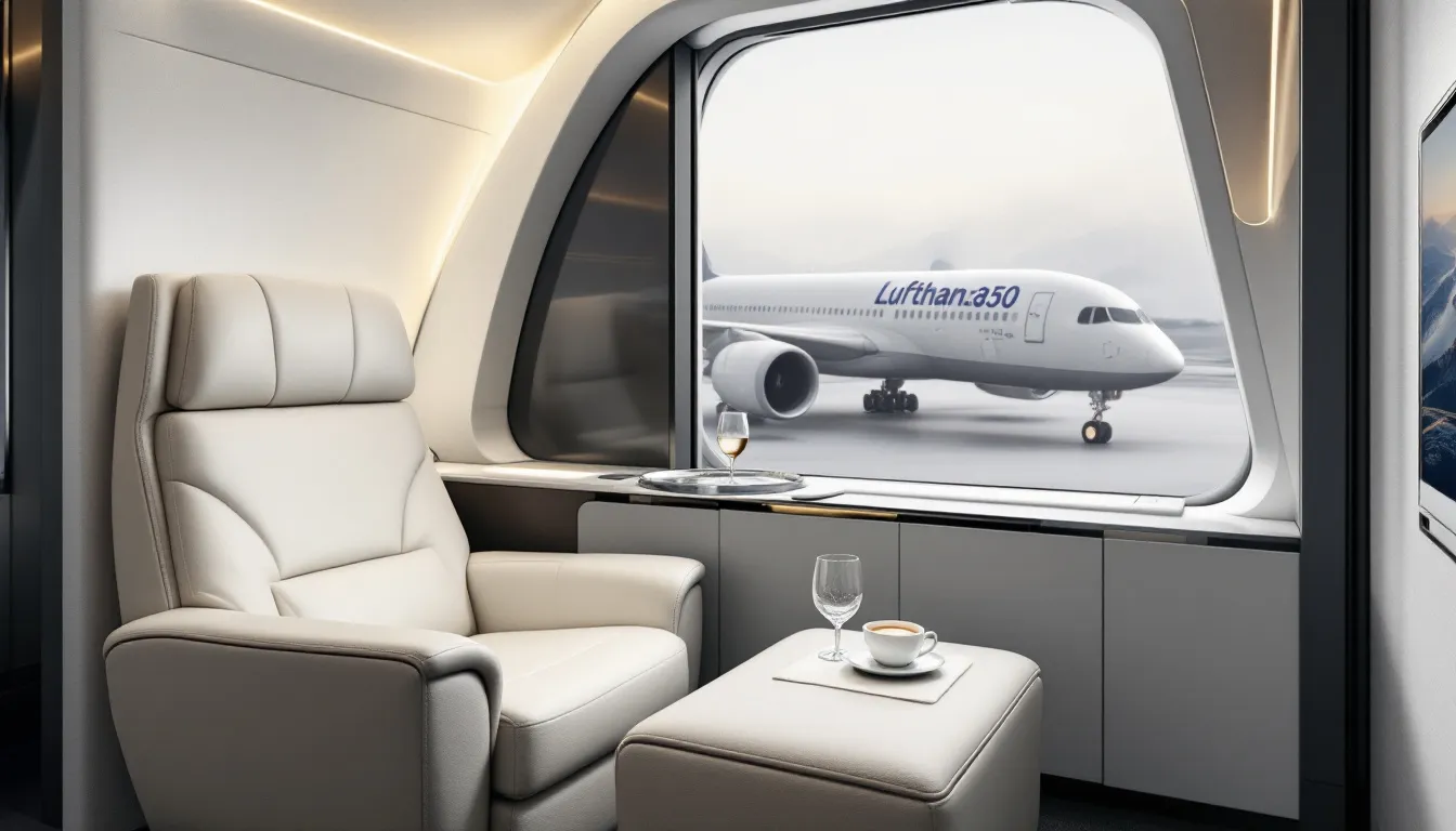 Ein Überblick über die neue Lufthansa Business Class mit einem Airbus A350 im Hintergrund.