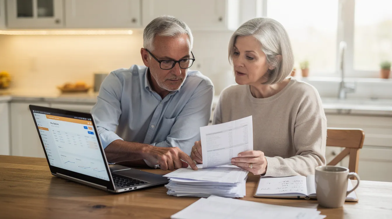 An older couple is seated at a kitchen table, deeply focused on reviewing financial documents while a laptop is open in front of them. They appear to be discussing their retirement income and social security retirement benefits, considering factors like their full retirement age and the best time to claim social security benefits.