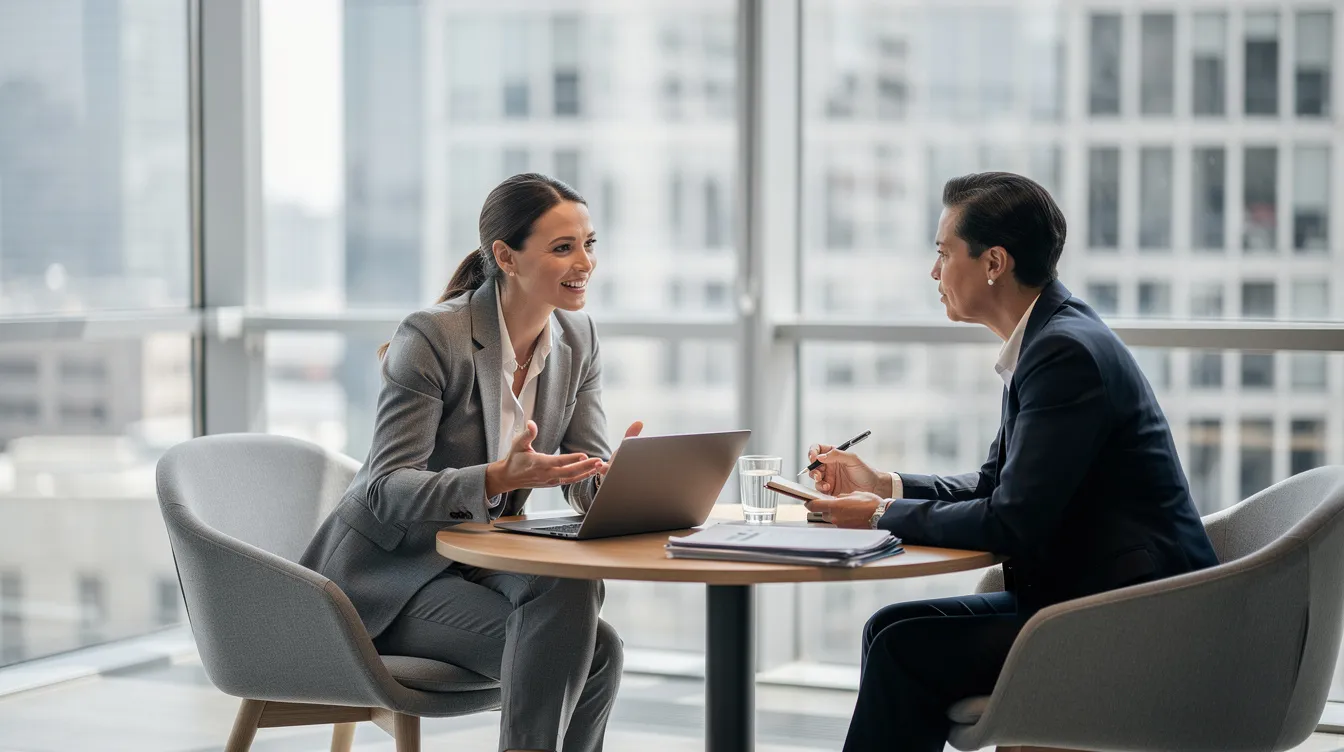 L'image montre un coach d'affaires confiant guidant un professionnel lors d'une conversation dans un bureau lumineux. Cette scène illustre une étape clé dans le développement d'un bon argumentaire de vente, où le coach partage des conseils sur la manière de traiter les objections et de construire une stratégie commerciale efficace.