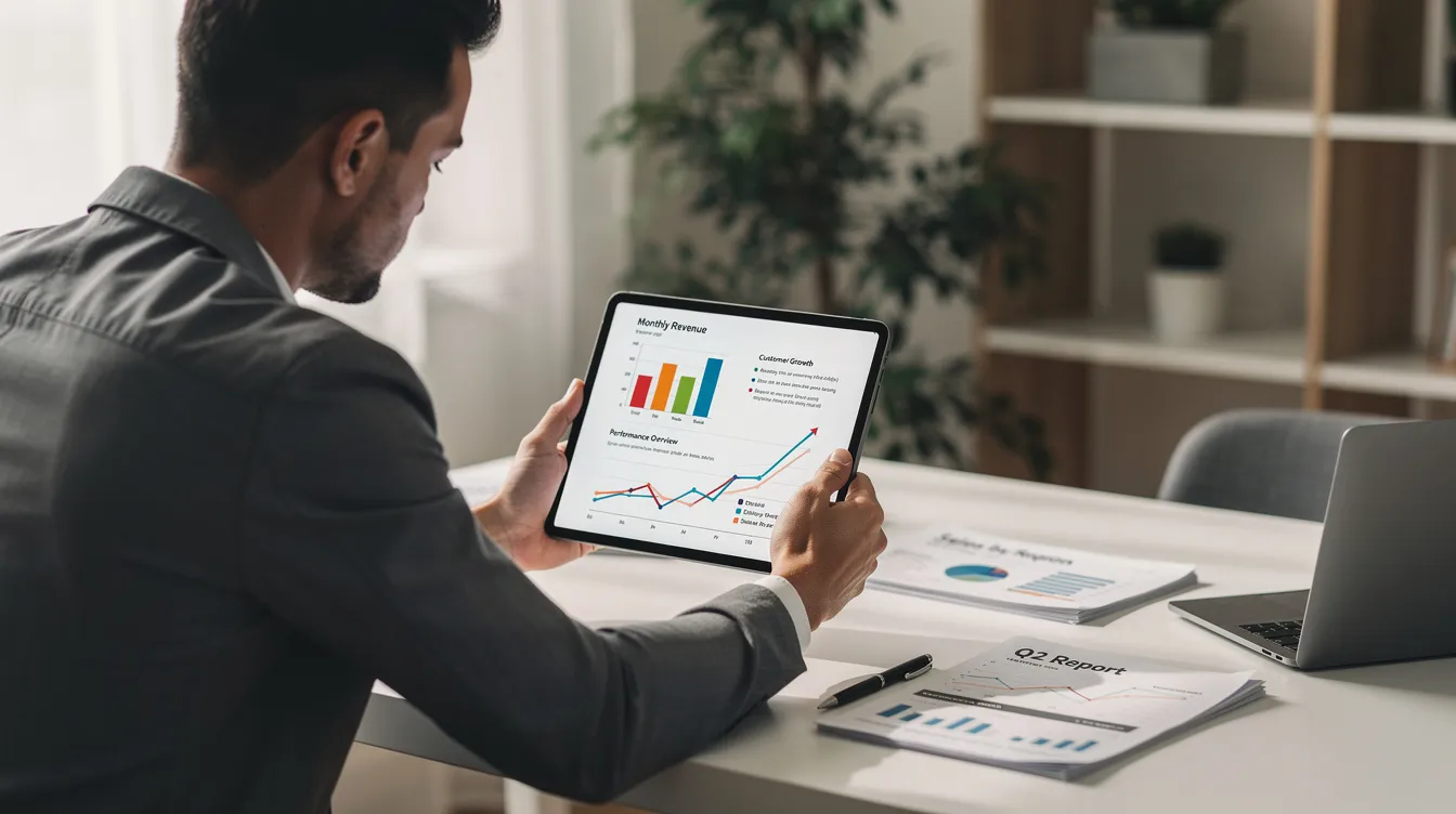 The image depicts a business owner intently reviewing performance charts and reports on a tablet device, highlighting their focus on improving their local search visibility and SEO strategies for their Ocala business. The scene emphasizes the importance of digital marketing services and analytics in achieving better online visibility and real business outcomes.