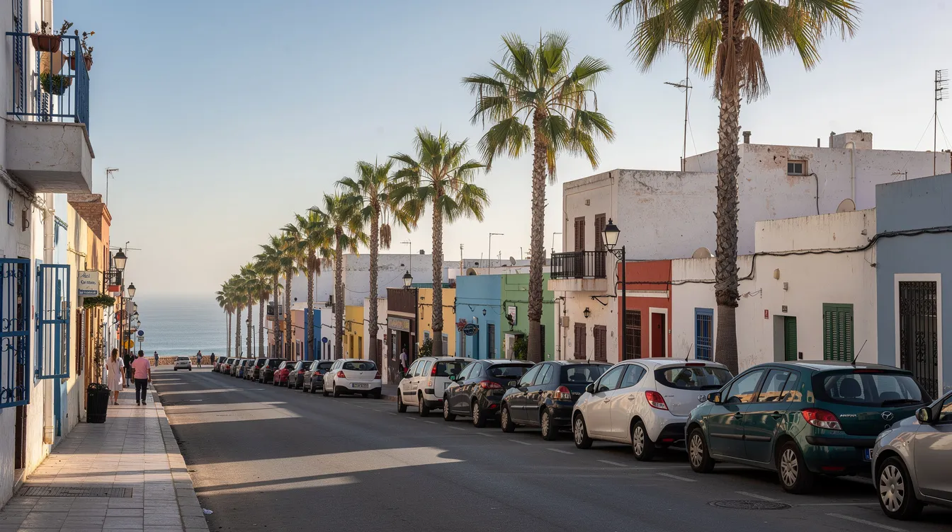 Una strada di una città costiera marocchina con palme e auto parcheggiate.