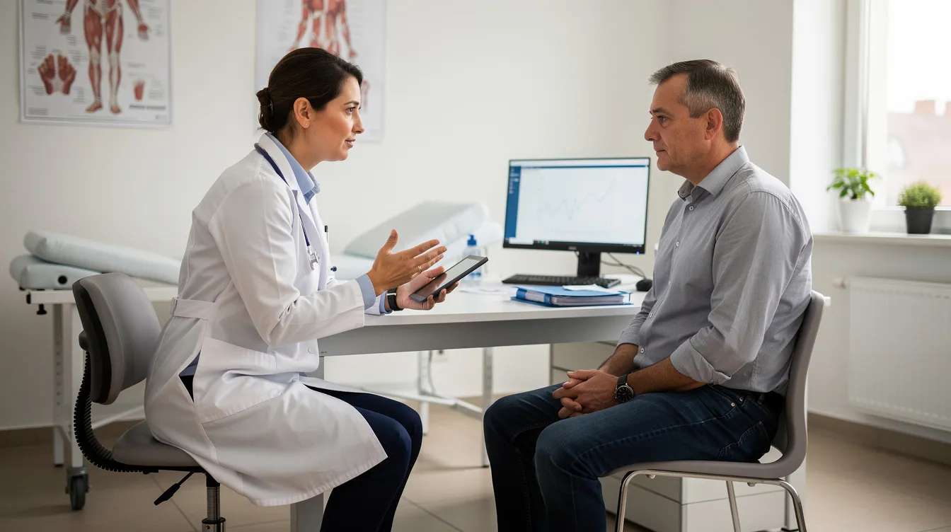 A man is seated in a doctor's office, engaged in a consultation about his health, possibly discussing testosterone levels and the effectiveness of dietary supplements like Novex Biotech Testrovax. The setting suggests a focus on improving energy levels and addressing concerns such as erectile dysfunction and overall well-being.