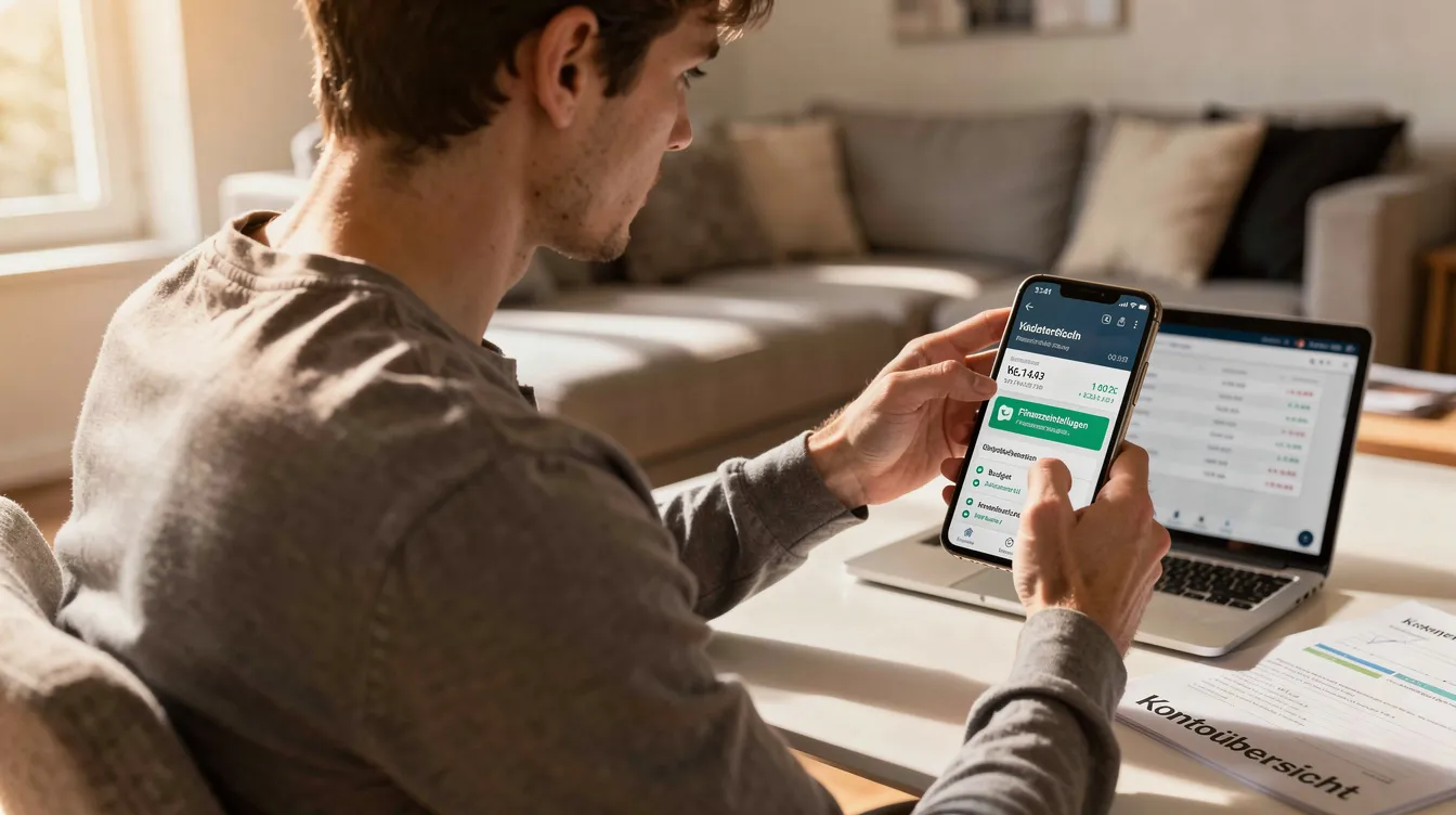 Eine Person überprüft auf ihrem Smartphone die Finanzeinstellungen in einer Banking-App, um Informationen zu ihren Einkünften aus Kapitalvermögen und dem Sparerfreibetrag zu erhalten. Die App zeigt wichtige Daten zu Zinsen, Dividenden und möglichen Abzügen für die Steuererklärung an.
