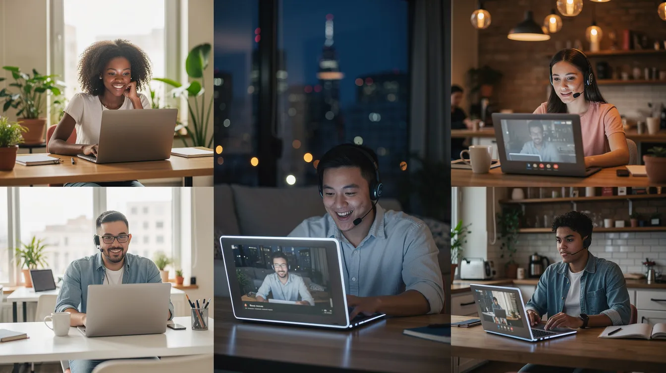 The image depicts a diverse group of remote professionals engaged in real-time collaboration on laptops via video call, representing various locations. This scene highlights the benefits of nearshore staffing, showcasing how dedicated teams can effectively communicate and work together despite being in different geographical areas.