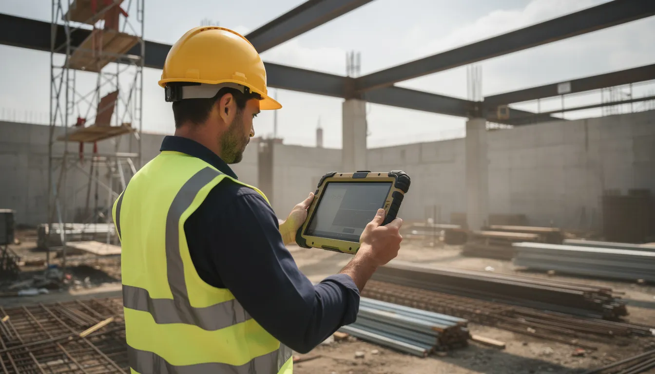 A construction worker is using a rugged android tablet on a job site, surrounded by steel beams and concrete structures, showcasing the tablet's durability and specialized features designed for demanding environments. The device is suited for outdoor use, providing efficient project management capabilities in harsh conditions.