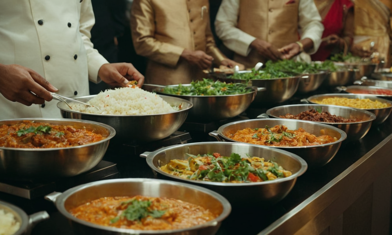 Indian catering experts serving delicious cuisine at a professional event
