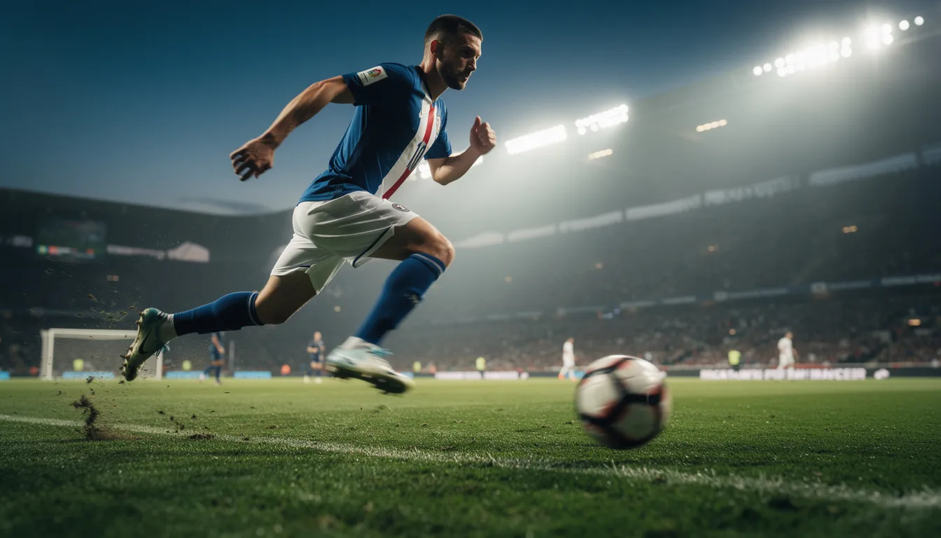 En fotbollsspelare i en grön gräsplan under en kvällsmatch, iförd en färgglad tröja och shorts, är i full rörelse för att fånga bollen. I bakgrunden syns åskådare som hejar, vilket skapar en livlig atmosfär för denna spännande fotbollsmatch.