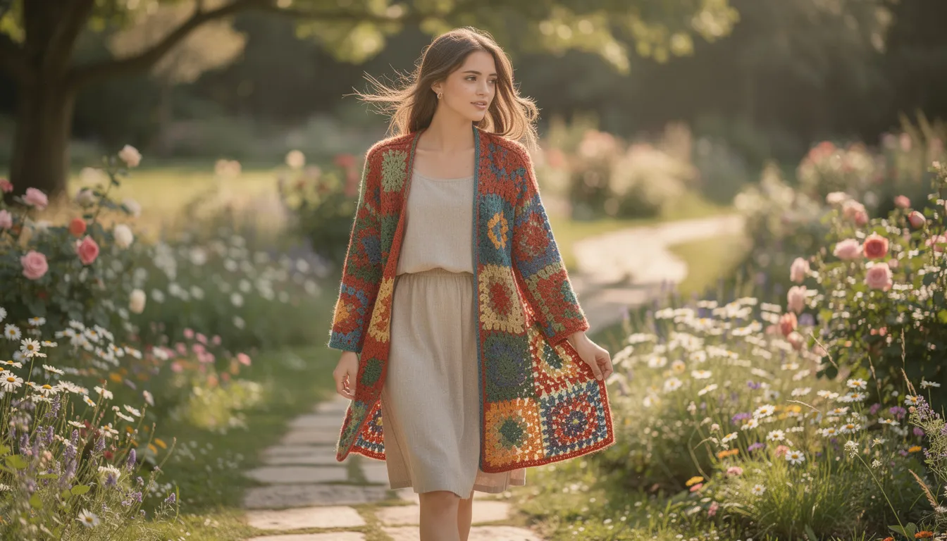 A woman strolls through a vibrant garden, wearing a colorful handmade crochet cardigan that showcases intricate patterns and artistry. The cardigan adds warmth and charm to her outfit, perfectly complementing the beautiful surroundings.
