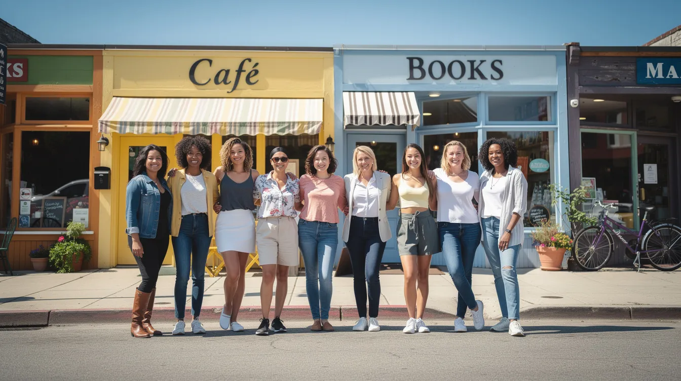 A diverse group of women stands together in front of a row of small shops on a sunny street, representing women entrepreneurs and the vibrant spirit of women-owned businesses. Their smiles convey support for the community and the importance of ownership in promoting wellness and local commerce.