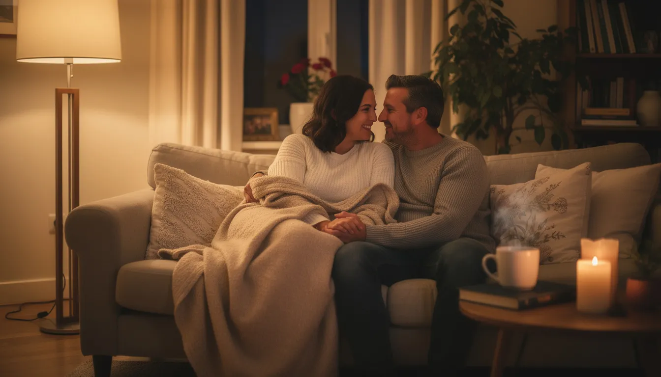 The image depicts a couple in a cozy, intimate setting, radiating emotional connection and warmth. Their closeness suggests a deep bond, which may enhance their sexual satisfaction and overall sexual wellness.