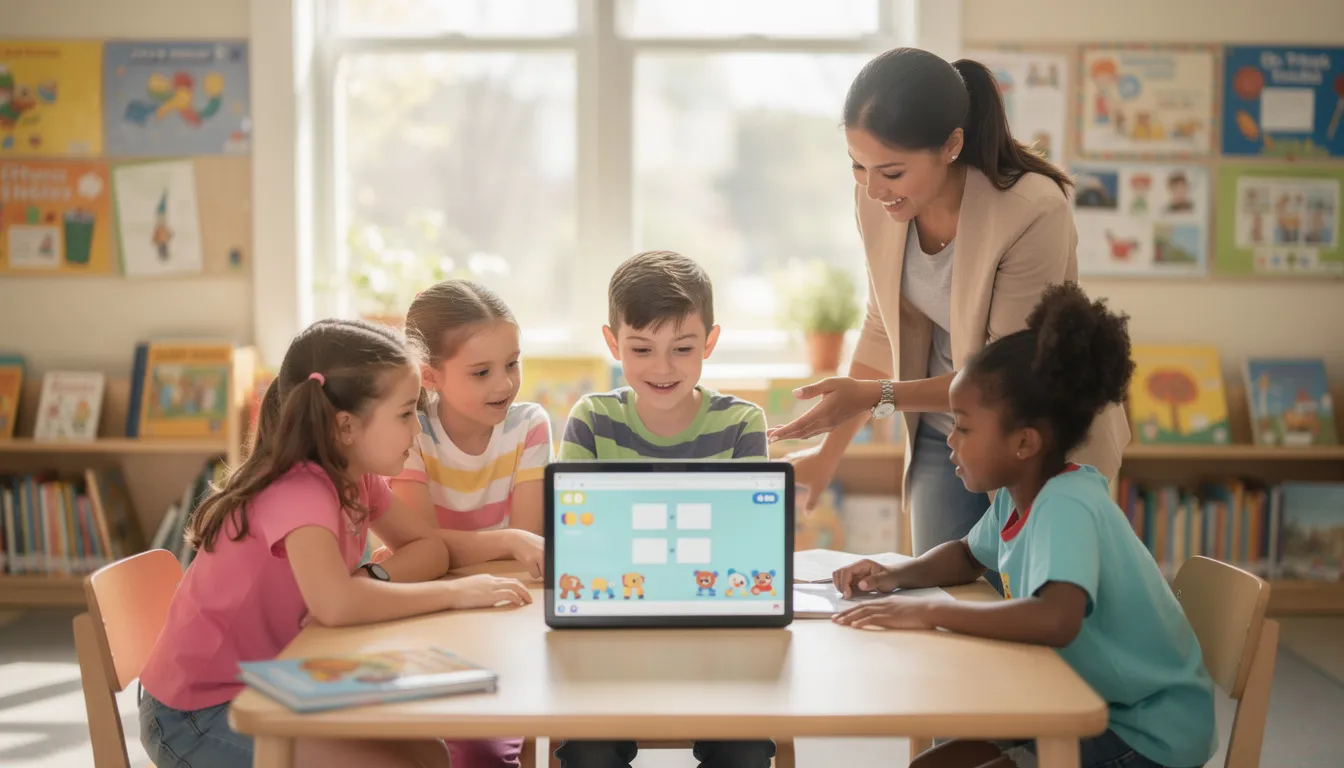 In der Abbildung sind Kinder zu sehen, die konzentriert an Computern arbeiten und lernen. Diese Szene spiegelt die Digitalisierung in Schulen wider und zeigt, wie Schülerinnen und Schüler moderne Technologien im Unterricht nutzen, um ihre Bildung zu fördern.